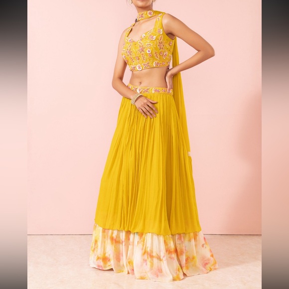 House of Indya floral tie dye yellow haldi embellished lehenga set - Picture 3 of 13